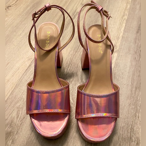 Iridescent Pink Platform High Heels Chrome Metallic Retro Dance Go Go Sz 7.5 - Picture 3 of 15